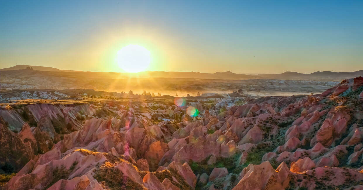 Sunset panoramic view of the Red Valley in Cappadocia, Türkiye